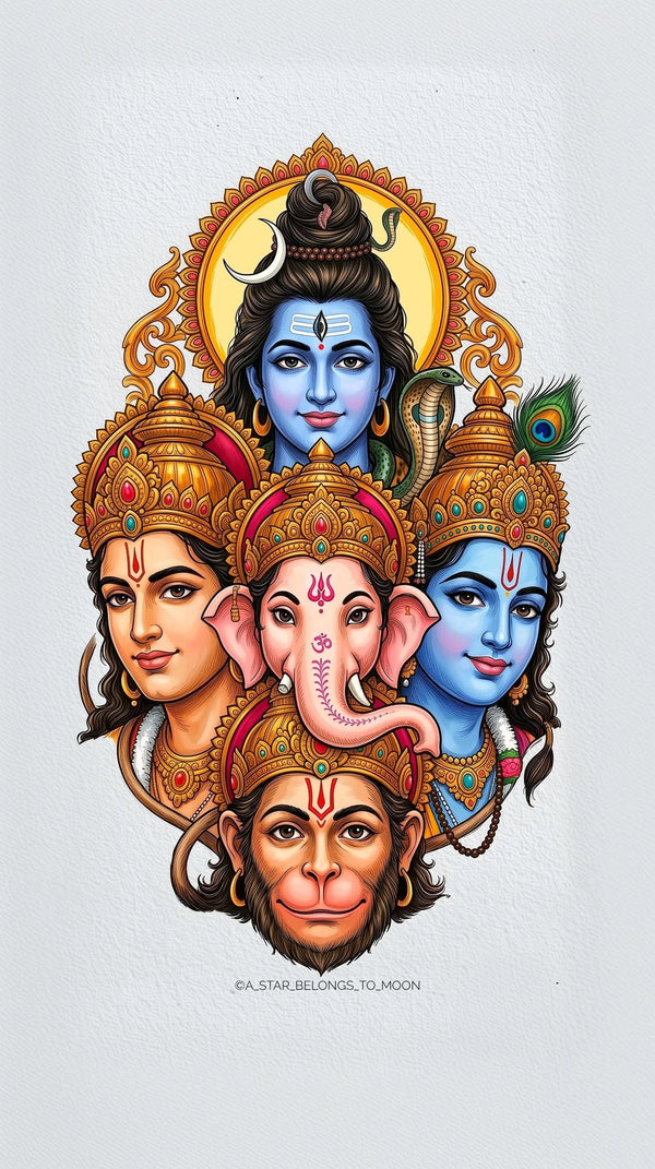 Hindu Gods Family Poster | Shiva Krishna Rama Hanuman Ganesha Wall Art | Spiritual Home Decor #3